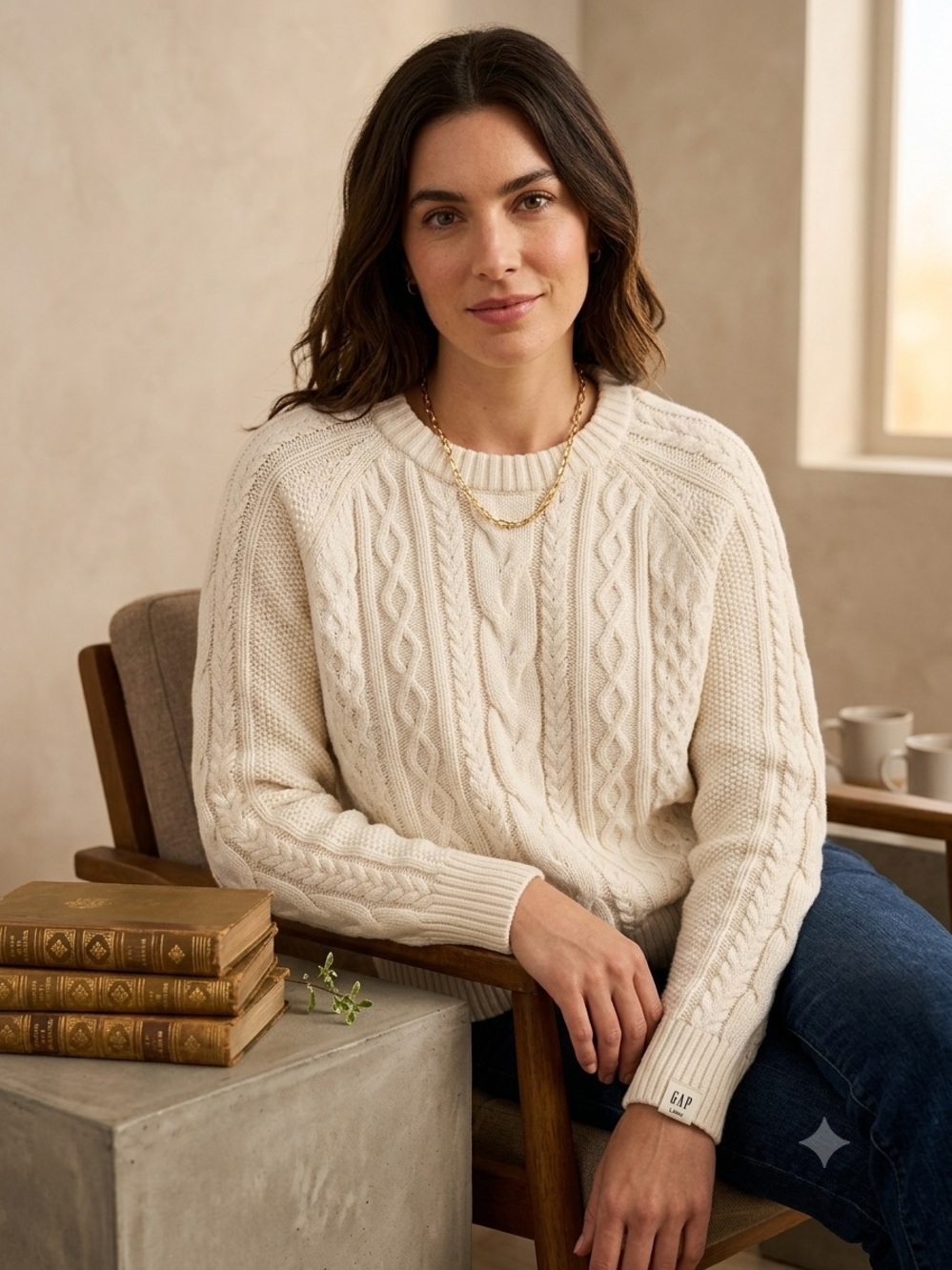 GAP Women's Cream 100% Cotton Cable Knit Sweater